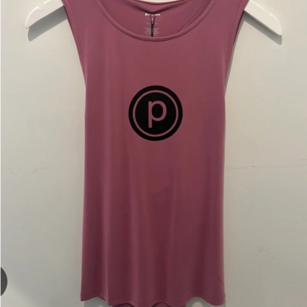 EUC Pure Barre Relaxed Crossback Pink Tank Top with Black Emblem